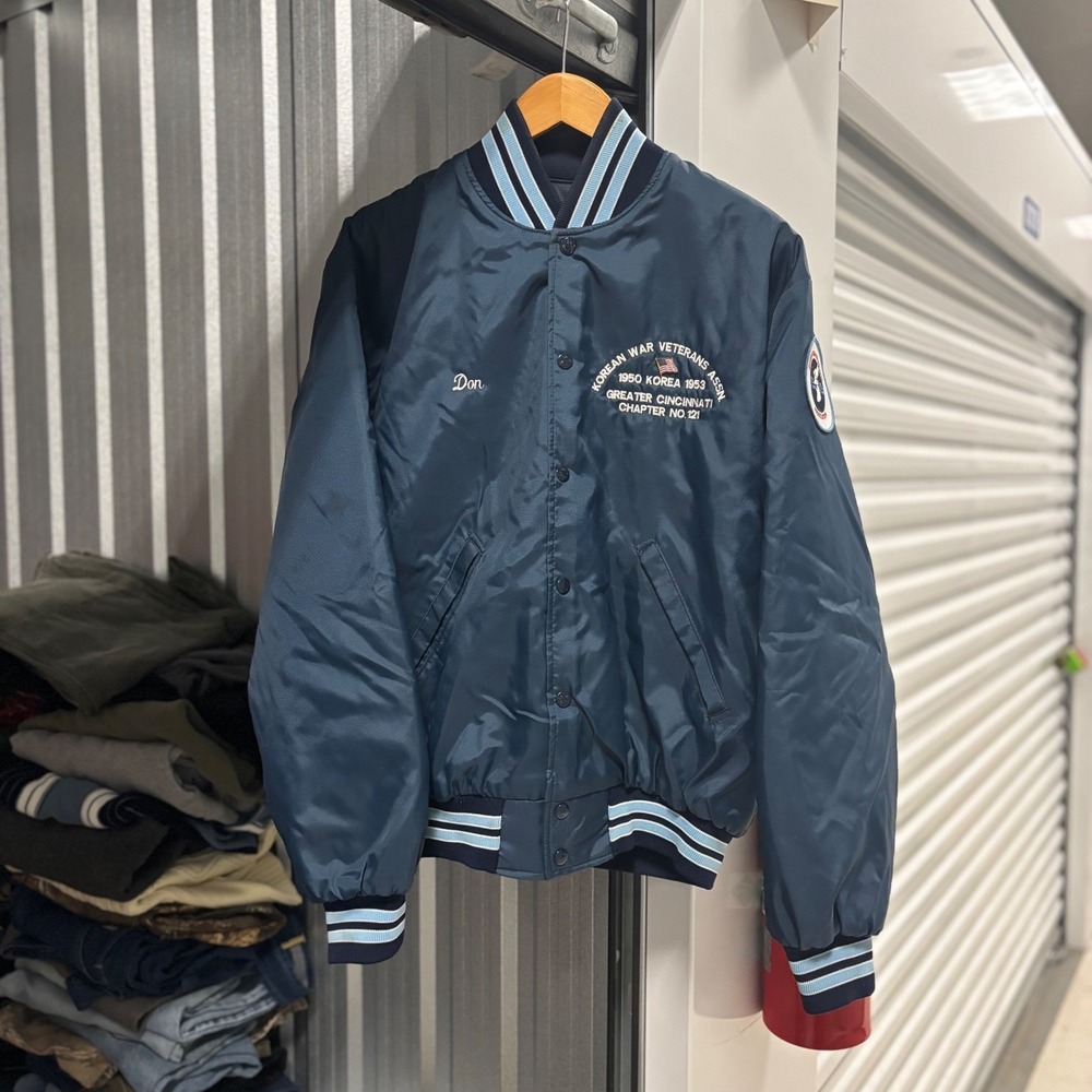 Vintage Korean War Veterans Assn Bomber Jacket Navy Blue Mens Medium USA Birdie